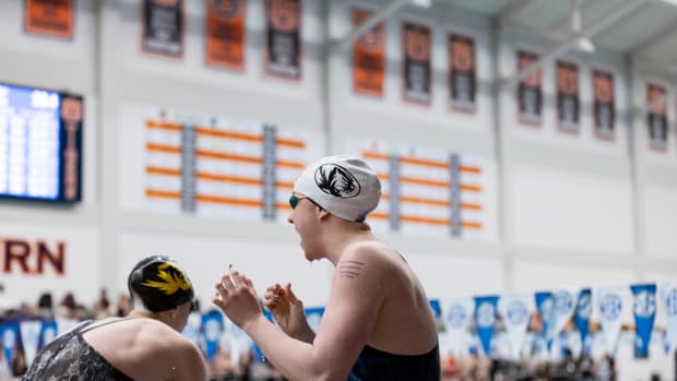 Missouri swim and dive after taking seventh in the women's 200 free relay finals at the 2024 SEC Swimming and Diving Championships in Auburn, Ala.